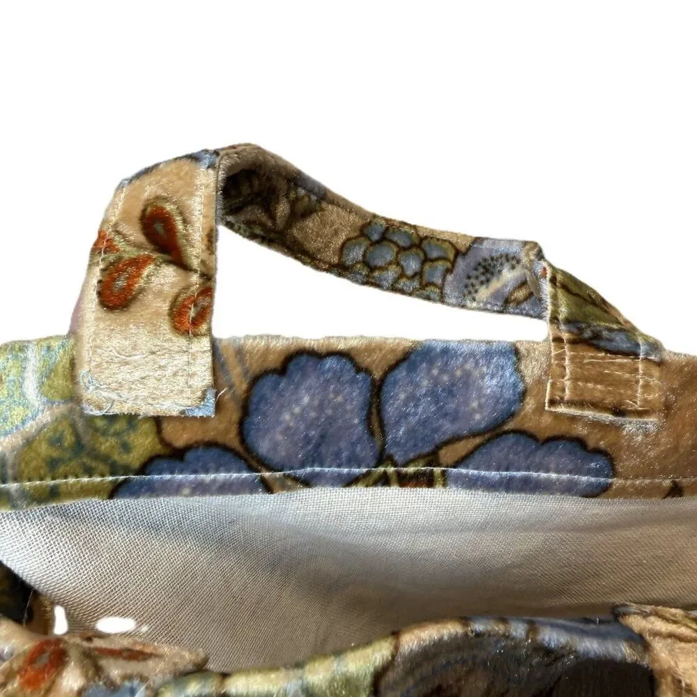 Handmade Velvet Floral Tote Bag Blue Gold Tapestry Mini Shopper Vintage Look